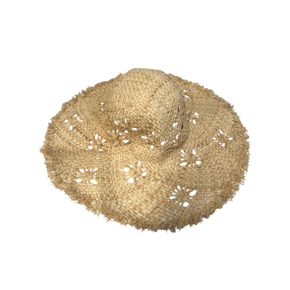 Boho Straw Sun Hat Floppy Wide Brim Tan Frayed Edge Star Cutout Woven Coastal